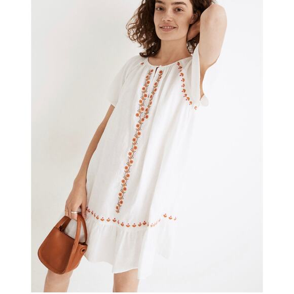 Madewell White Embroidered Linen-Blend Raglan Ruffle Mini Dress XXS - Picture 2 of 12
